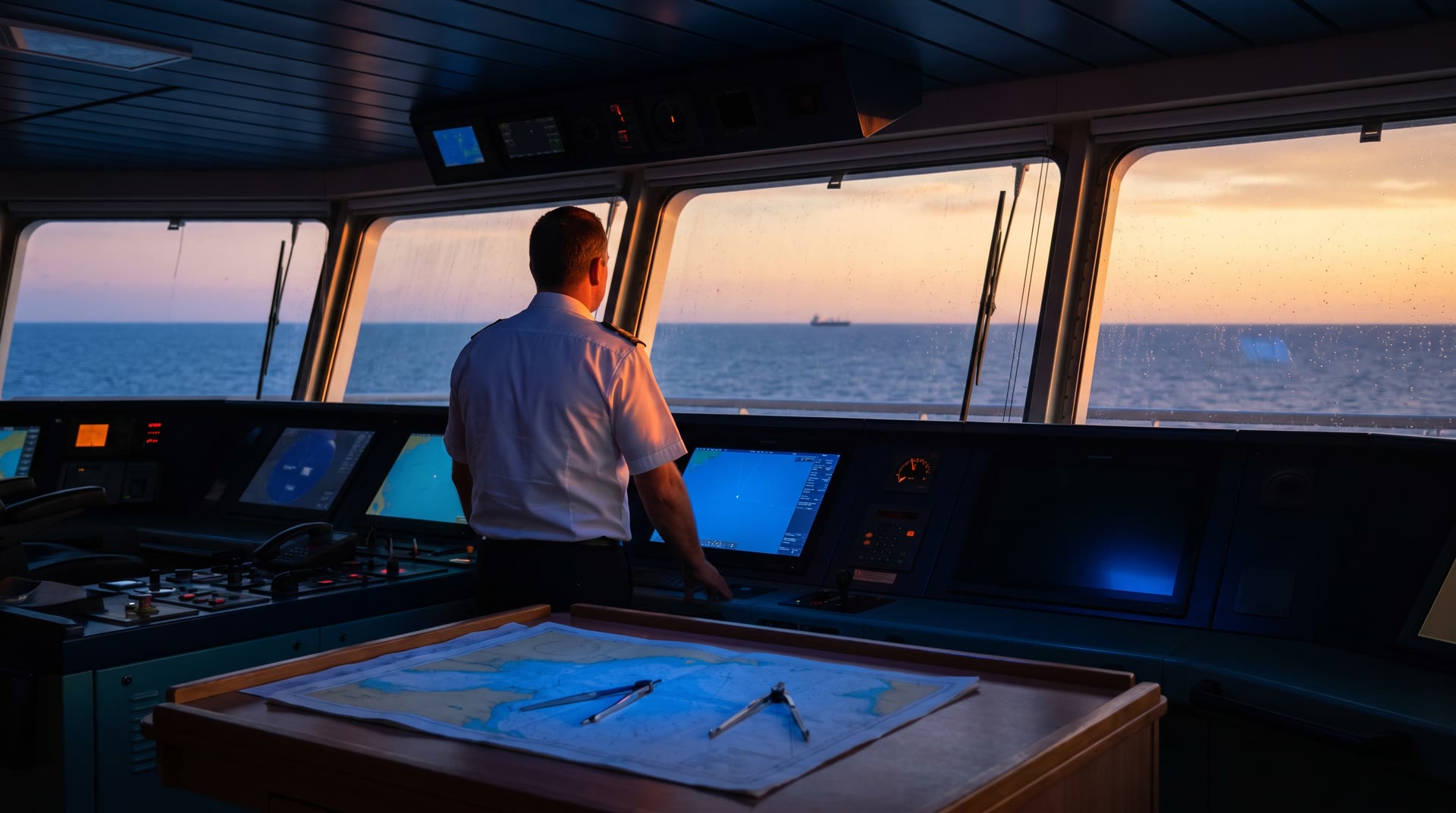 A captain on a ship's bridge at dusk