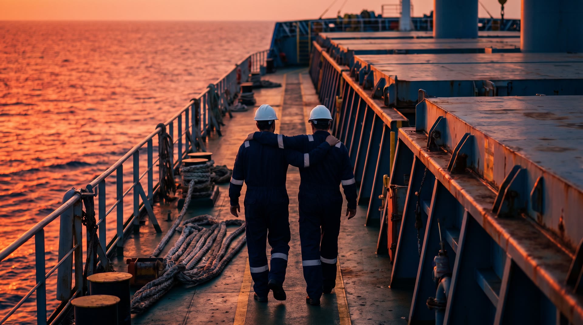 Seafarers walking on a ship deck at sunset