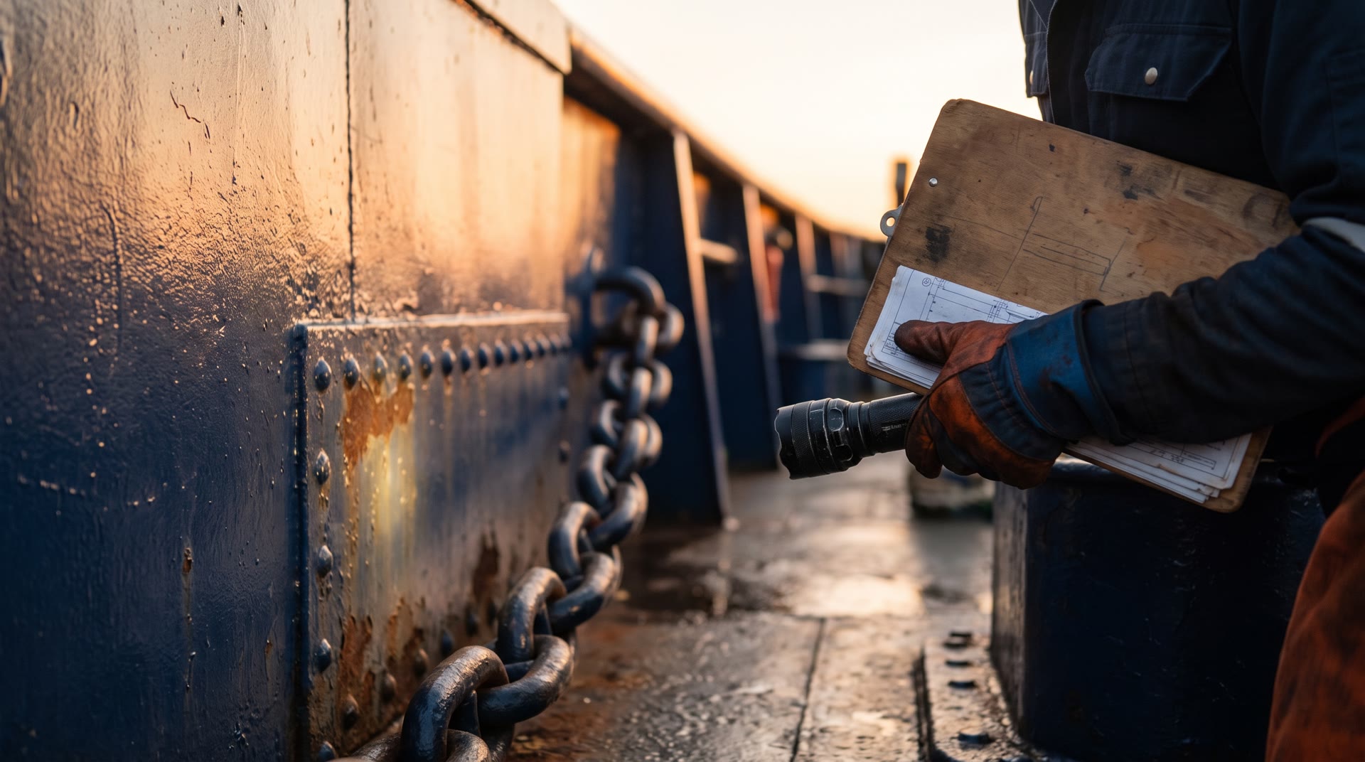 An inspector checking a ship's steel and anchor chain