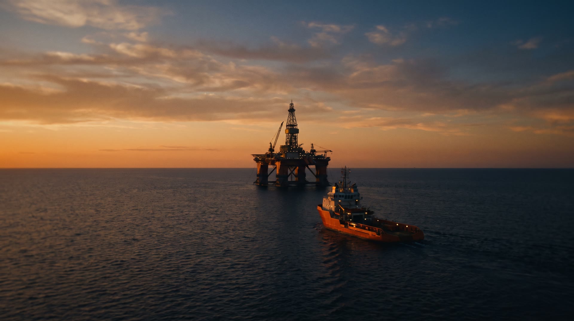 An offshore platform and supply vessel at sunset
